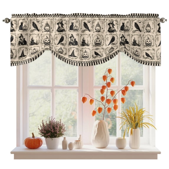 Black Pumpkins Halloween Tie Up Valance Curtains for Windows, Kitchen Curtains Window Treatments, Haunted House Beige Striped Short Window Shades Valances for Bedroom Bathroom Cafe 42"x12"