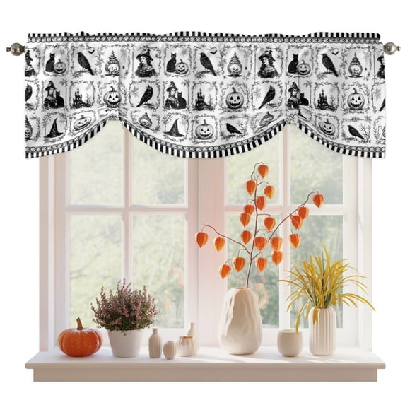 Black Pumpkins Halloween Tie Up Valance Curtains for Windows, Kitchen Curtains Window Treatments, Haunted House Striped Short Window Shades Valances for Bedroom Bathroom Cafe 42"x12"