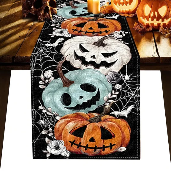 Black Pumpkins Spider Web Halloween Table Runner 72Inch Outdoor/Indoor Kitchen