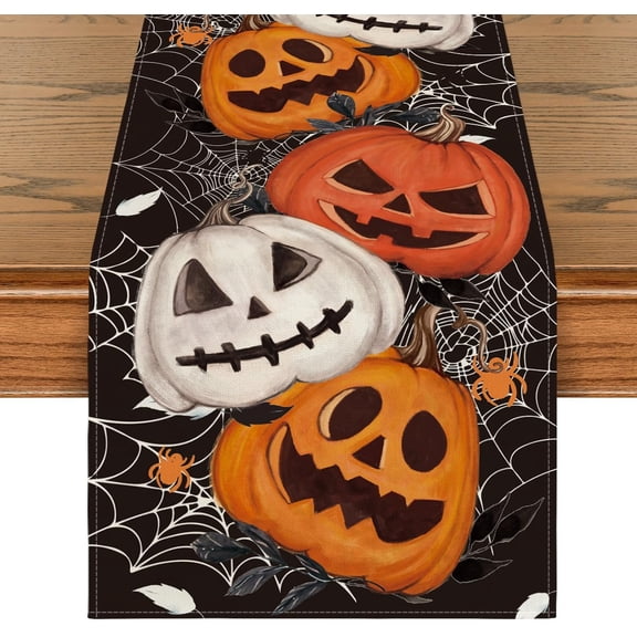 Black Pumpkins Spider Web Halloween Table Runner, Seasonal Fall Kitchen Dining Table Decoration for Home Party Decor 13x48 Inch