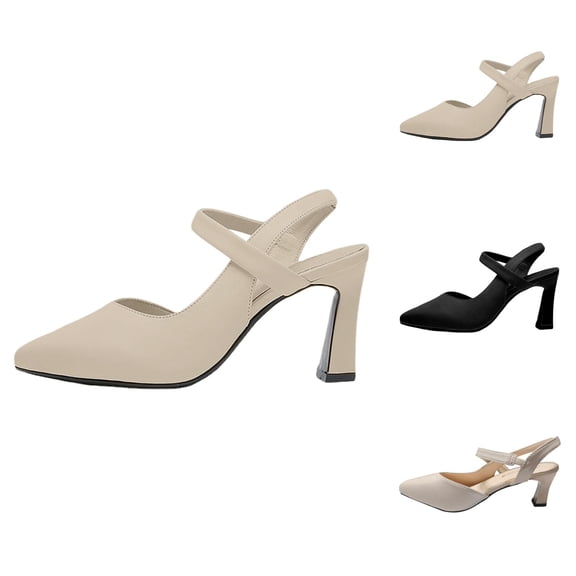 Black Pumps for Women Closed Toe Chunky Heel Fashion Sandals - Single Ankle Strap Medium Heel Soft Leather Design, Elegant Versatile Summer Dressy Shoes For Party & Daily Commute