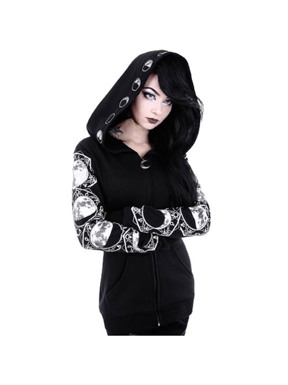 Black Punk Gothic Hoodie Women Long Sleeve Zip Up Hoodie Moon Jacket Top Long Sweatshirts Plus Size Y2k Goth Clothing Harajuku Oversized Long Sleeve Sweatshirt Coat