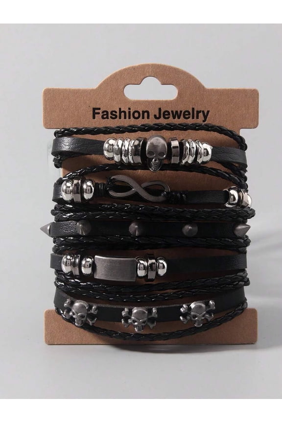 Black Punk Gothic Leather Wrap Bracelet Set For Adults, Skull Spike Stud Stackable Rock Jewelry