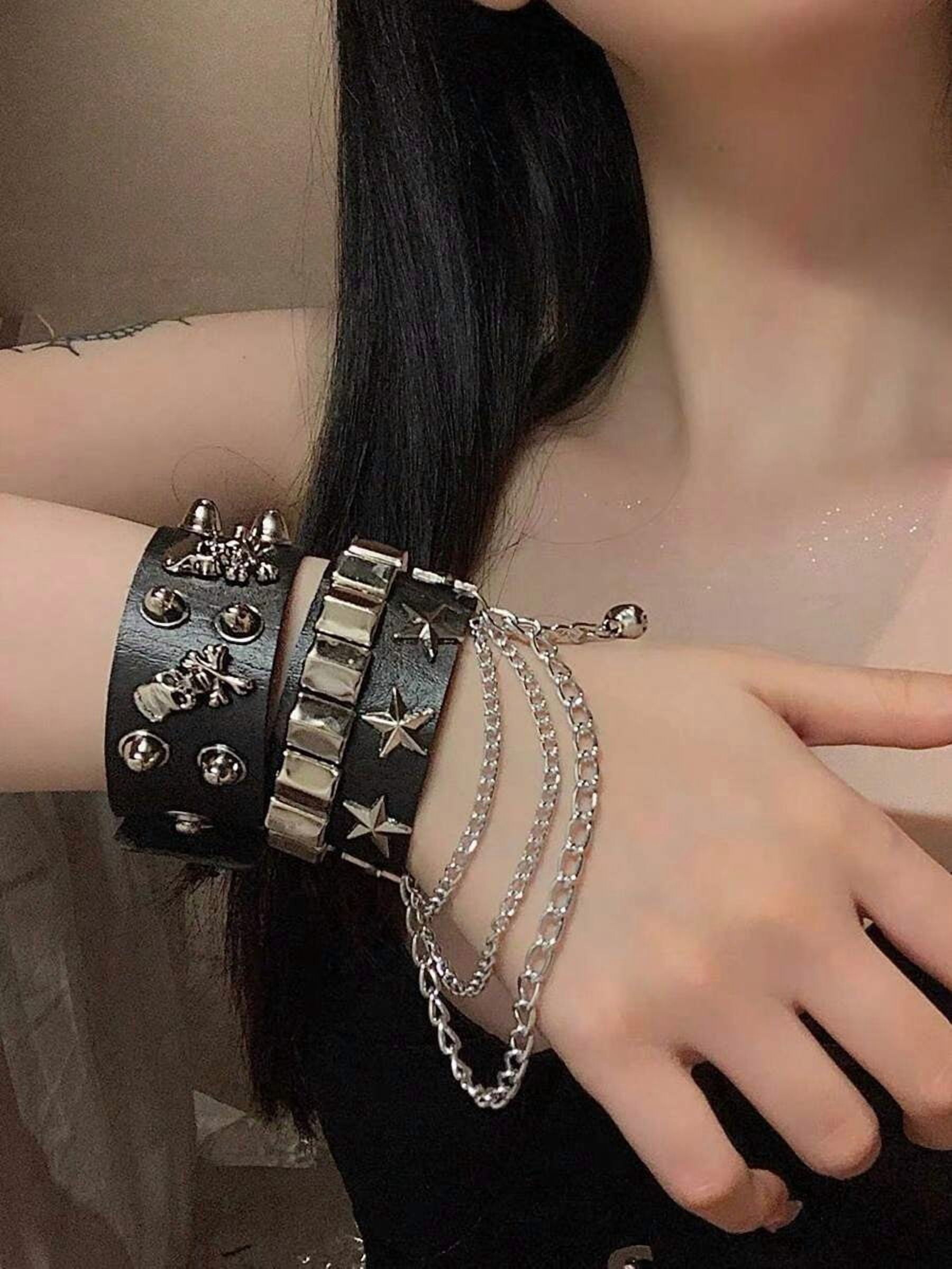 Black Punk Rivet Star PU Leather Cuff Bracelet Set Of 2 - Walmart.com