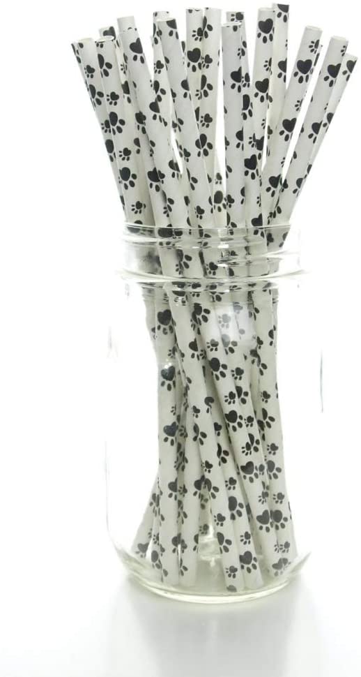Black Puppy Paw Print Straws (25 Pack) Fun Dog Paws Pattern Paper