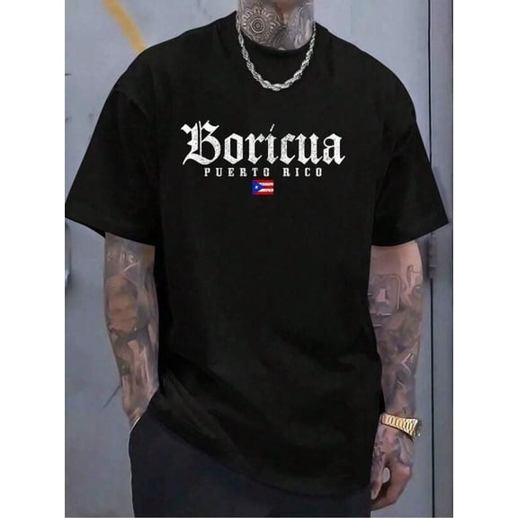 Black Pure Cotton Crew Neck Short Sleeve Graphic Tee With Puerto Rico Print