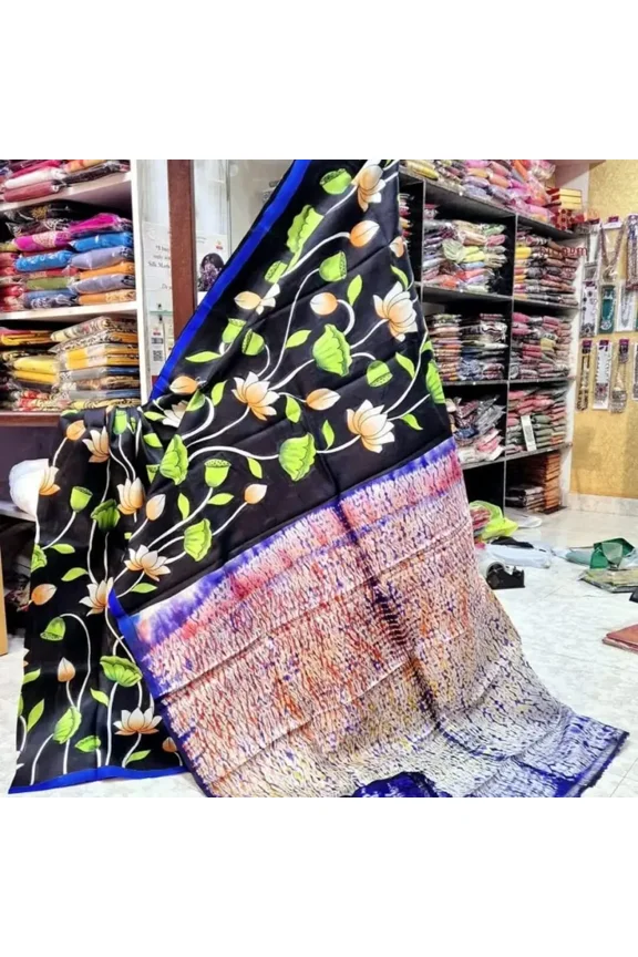 Black Pure Silk Hand Painted Kalamkari Pure Saree