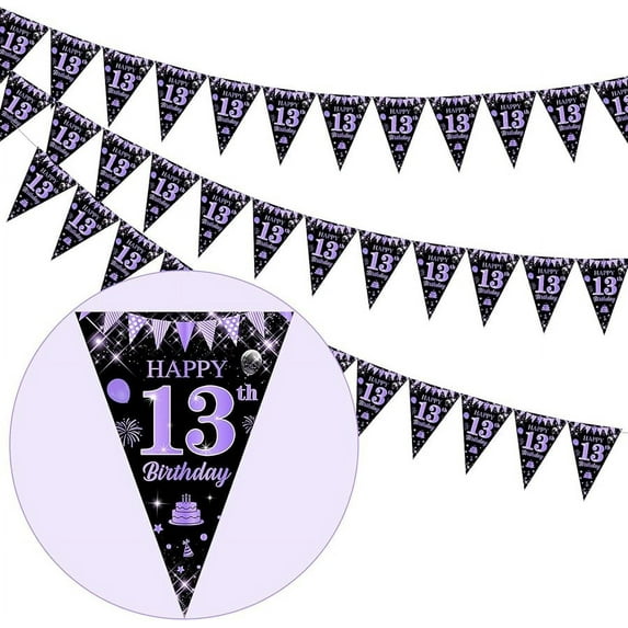 Black and Purple 13th Birthday Decorations - 3 Pack 13th Happy Birthday Bunting Banner, 36 Pieces 13th Birthday Pennant, Purple Black Triangle Flag Banner for Girls Official Teenager Birthday Decor