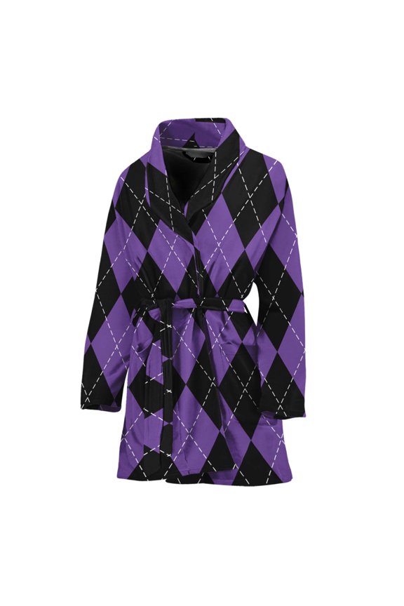 Black And Purple Argyle Pattern Women Bathrobe One Size Univeral Fits, Checkered Caro Plaid Tartan Fashion Lightweight Plush Fleece Long Robe For Women