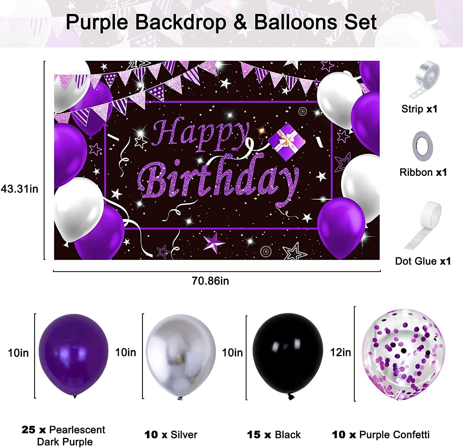 Black Purple Birthday Decorations 64Pcs, Happy Birthday Backdrop For