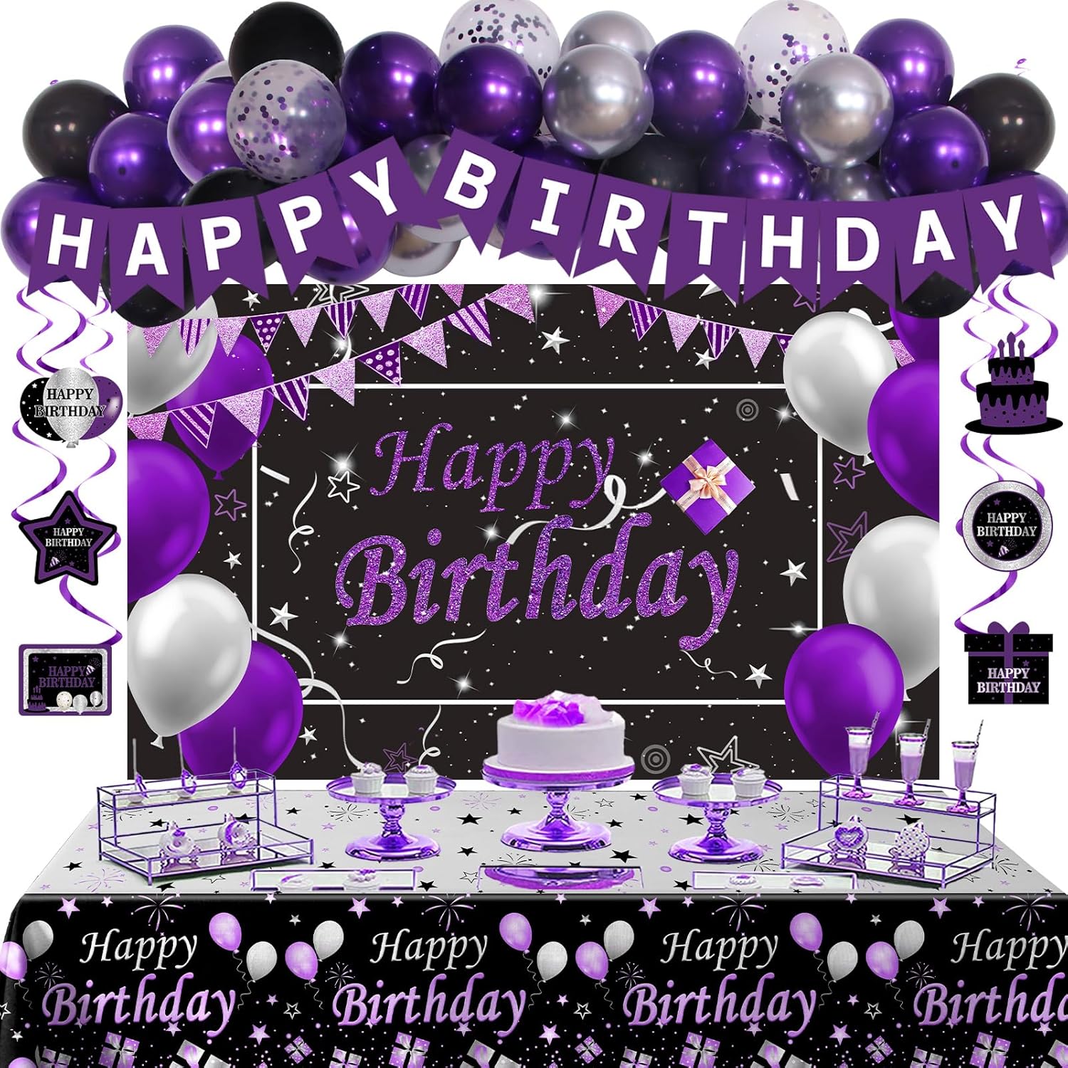 Black Purple Birthday Decorations for Women Girls Men, Purple and