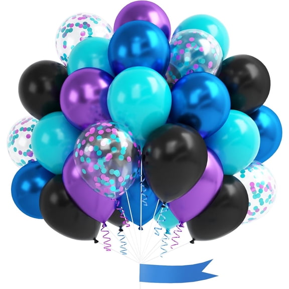 Black Purple Blue Balloon, 60 Pcs 12 Inches Metallic Blue Purple Teal Balloons Confetti Balloons for Kids Video Game Party Decoration Baby Shower Engagement Graduation Party Decorations