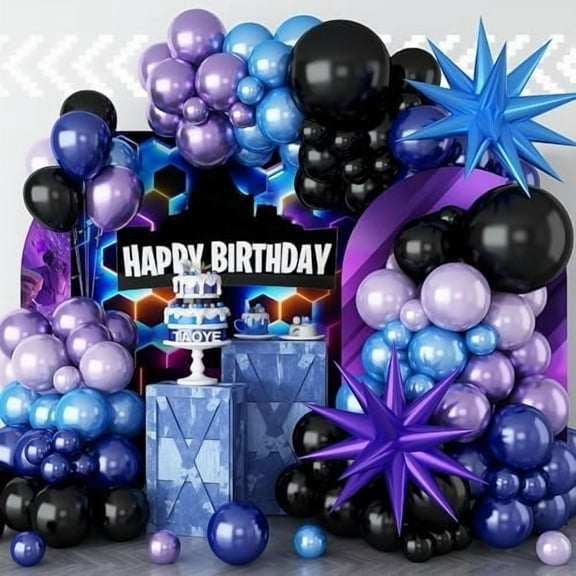 Black Purple Blue Balloon Arch Garland Kit, 127Pcs Navy Light Blue Metallic Lavender Violet Black Latex Balloons with ChromeExplosion Star Balloons for Kids Game Birthday Outer Space Party Decoration