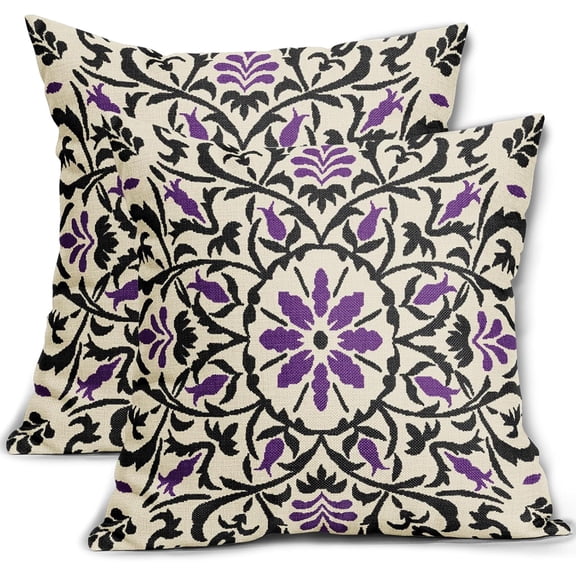 Black Purple Boho Pillow Covers 18 X Inch Bohemian Ethnic Carpet Style Vintage Flower Print Decorative Throw Pillows Outdoor Linen Square Cushion Case Farmhouse Decor Set of 2