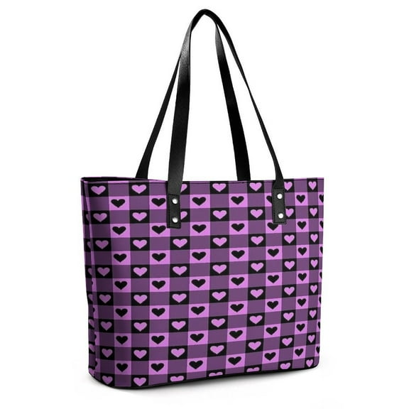 Black Purple Checkered Heart Woman Leather Handbags Large Tote Bag Fashion Portable Handbags With Zipper