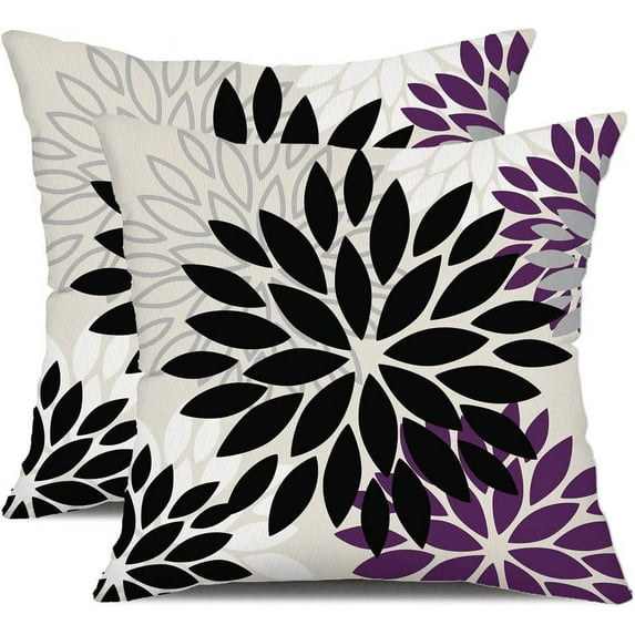 Black Purple Flower Pillow Covers 18x18 Inch Set of 2 Outdoor Throw Pillows Outdoor Waterproof Decor for Living Room Sofa Patio Funiture Garden Floral Polyester Pillow Covers 002Q