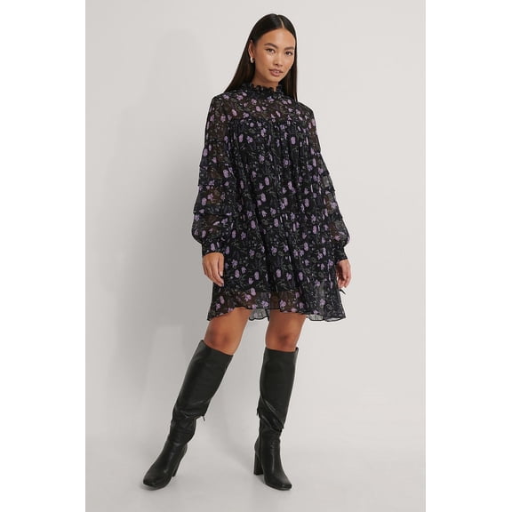 Black Purple Georgette V-Neck A-Line Flowy Dress