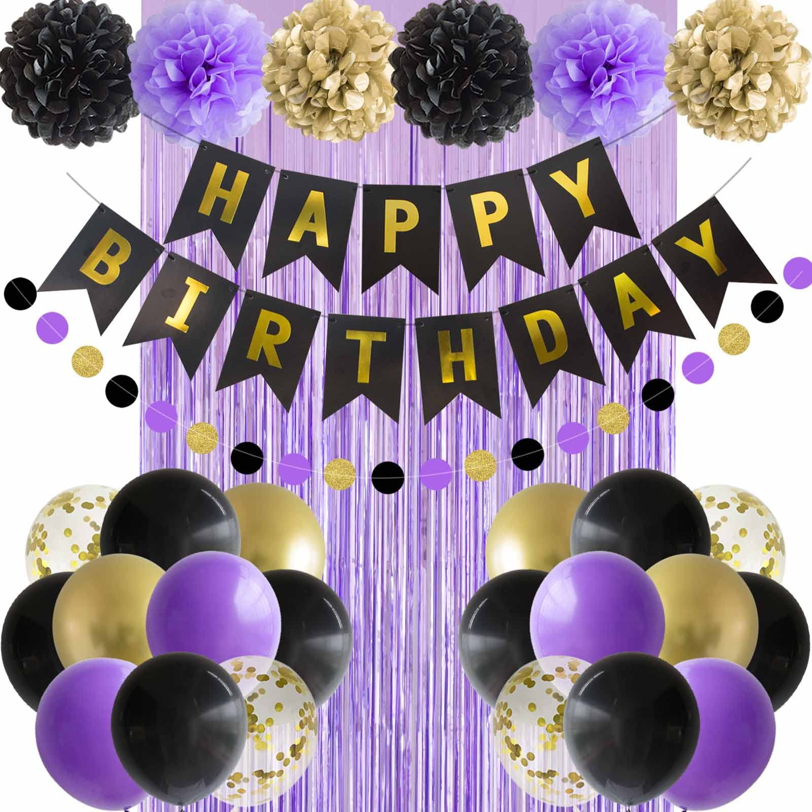 Black Purple and Gold Happy Birthday Party Decorations - Balloons, Pom