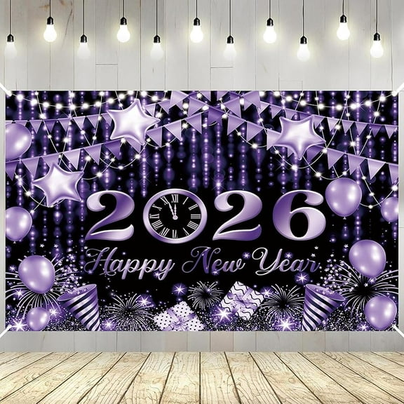 Black and Purple Happy New Year Backdrop Countdown Party Hello 2026 Gold Bokeh Glitter Balloons Firework Photography Background Cheers to The New Year Xmas Eve Decor Banner Supplies Photo Booth Prop