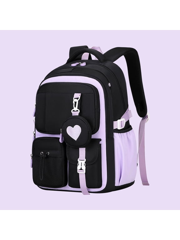 Black Purple Heart Print Backpack Water Resistant Multi-Pocket Daypack, Cute Casual Bookbag for Travel Commute