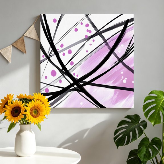 Black Purple Lines Canvas Wall Art, Modern Abstract Minimalist Arched Lines Dots Framed Canvas Wall Decor Picture Print Artwork Decorations for Living Room Office Ready to Hang 8" x 8"