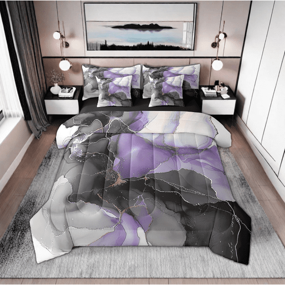 Black Purple Marble King Comforter Set 7-Piece Watercolor Aesthetic Bedding Comforter Sets, Abstract Marbling Bed in a Bag Stone Pattern Bedding Set, Gold Metallic Bed Sheets Set Bedroom Decor