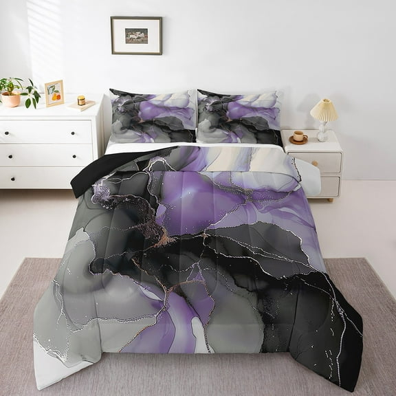 Black Purple Marble Queen Bedding Sets Watercolor Aesthetic Comforter Set, Abstract Marbling Down Comforter Stone Pattern Bedding Comforter Sets, Gold Metallic Duvet Insert Girls Bedroom Decor