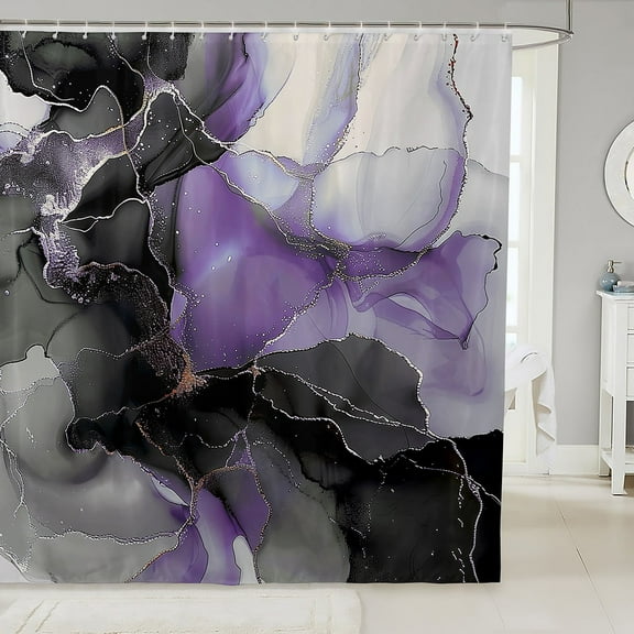 Black Purple Marble Shower Curtain Watercolor Aesthetic Bathroom Curtain,Abstract Marbling Bath Curtain Stone Pattern Shower Curtain Set,Gold Metallic Bathroom Accessories Bathroom Decor