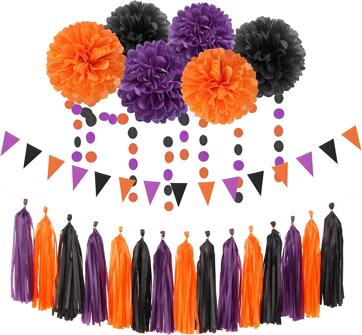Black Purple Orange Halloween Party-Decorations - 23pcs Tissue Pom Poms Streamers,Tassel Garland Banner,Graduation 2025 Birthday Wedding Baby Bridal Shower Decor Bunting