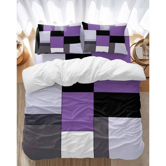 Black Purple Patchwork Bedding Duvet Cover Set Queen Size 4 Pieces Abstract Geometric Art Bedding Set with Zipper Closure, 1 Comforter Cover 90x92 Inches 1 Flat Sheet & 2 Pillow Cases