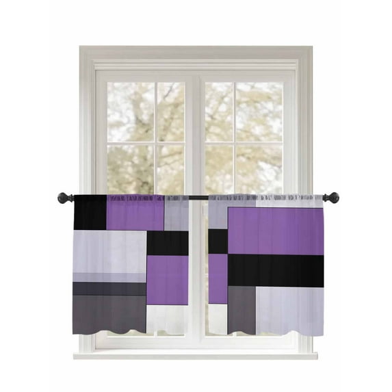 Black Purple Patchwork Sheer Curtains 2 Panels Set Abstract Geometric Art Lihgt Filtering Rod Pocket Voile Drape, Semi Sheer Window Curtains for Bedroom Living Room, 52"x54"
