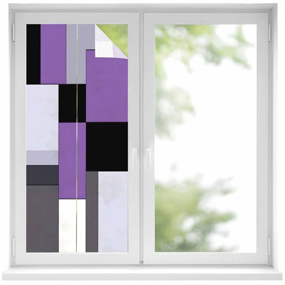 Black Purple Patchwork Window Privacy Film Abstract Geometric Art Decorative Glass Window Film UV Blocking Static Cling Non-Adhesive Sticker Covering for Home Door 17.7 x 39.3 inches