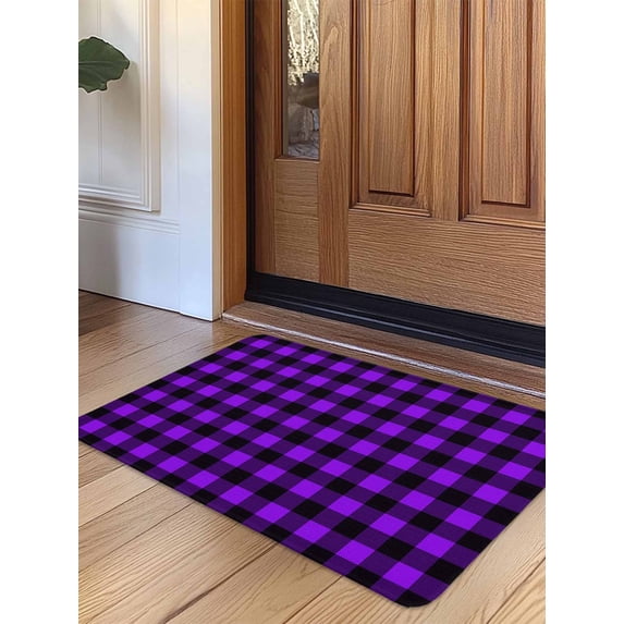 Black Purple Plaid Door Mat Indoor Outdoor Entrance, Non Slip Rug for Kitchen Bathroom Entryway Rug, Farmhouse Simple Buffalo Checked Washable Doormat Floor Mat for Office Home Decor 24x36 Inch