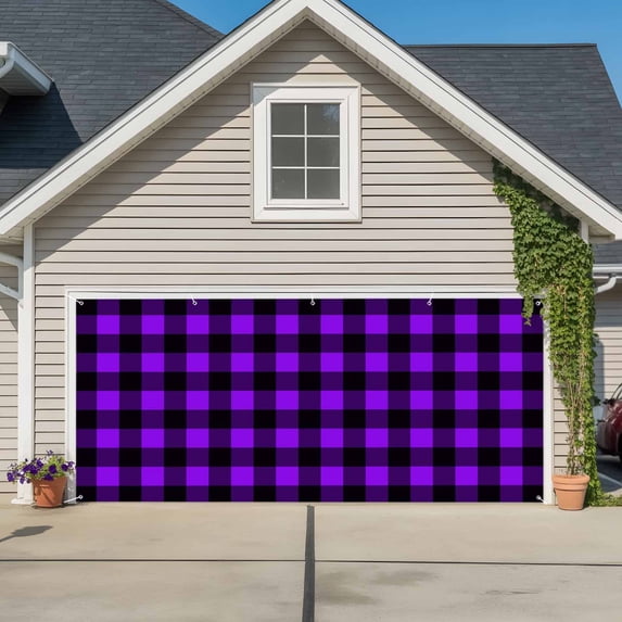 Black Purple Plaid Garage Door Cover Banner 7 x 16 FT, Farmhouse Simple Buffalo Checked Garage Door Curtains Backdrop with Grommets for Indoor Outdoor Wall Party Porch Yard Decorations Background