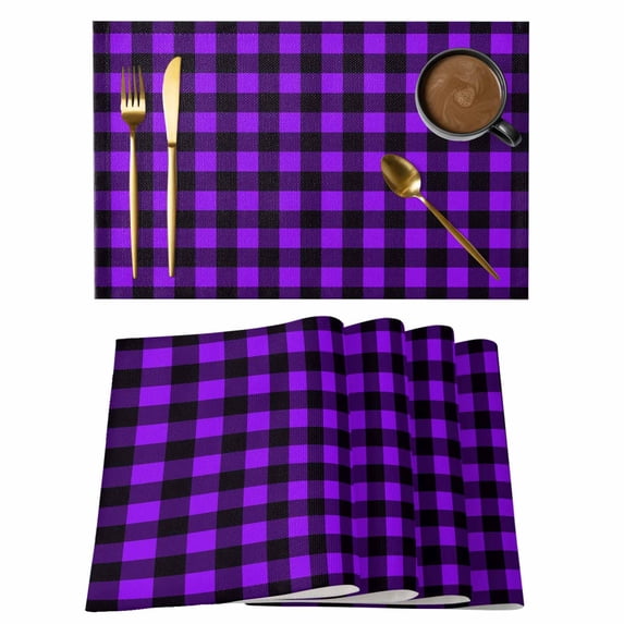 Black Purple Plaid Placemats Set of 8, Farmhouse Simple Buffalo Checked Placemats for Dining Table, Place Mats for Kitchen Tabletop, Waterproof Wipeable Dining Table Mats Set