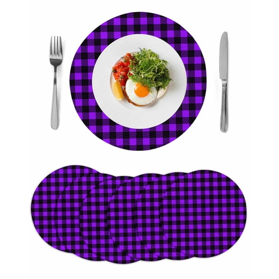 Black Purple Plaid Round Placemats Set of 6 for Dinning Tables,Heat-proof Braided Table Mats 13 Inch,Farmhouse Simple Buffalo Checked Washable Place Mat for Kitchen Restaurant Party Table Decor