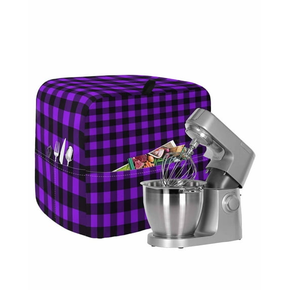 Black Purple Plaid Stand Mixer Dust Cover with Storage Pocket & Handles, Farmhouse Simple Buffalo Checked Fits All Tilt Head & Bowl Lift Kitchen Appliance Cover Organizer Bag Accessories, 6-8 Quart