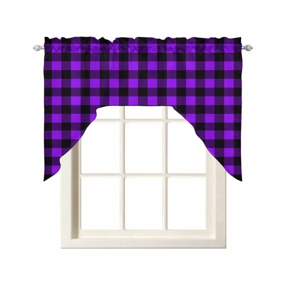 Black Purple Plaid Swag Valances for Windows, Small Curtains Drapes, Farmhouse Simple Buffalo Checked Kitchen Window Curtains Over Sink Window Treatment Valance for Bedroom/Bathroom 56"x36"