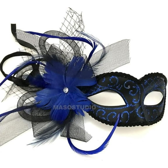 Black Purple Red Masquerade Ball Mask Flapper Veil Feather Mardi Gras Birthday Party Prom
