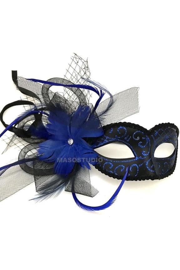 Black Purple Red Masquerade Ball Mask Flapper Veil Feather Mardi Gras Birthday Party Prom