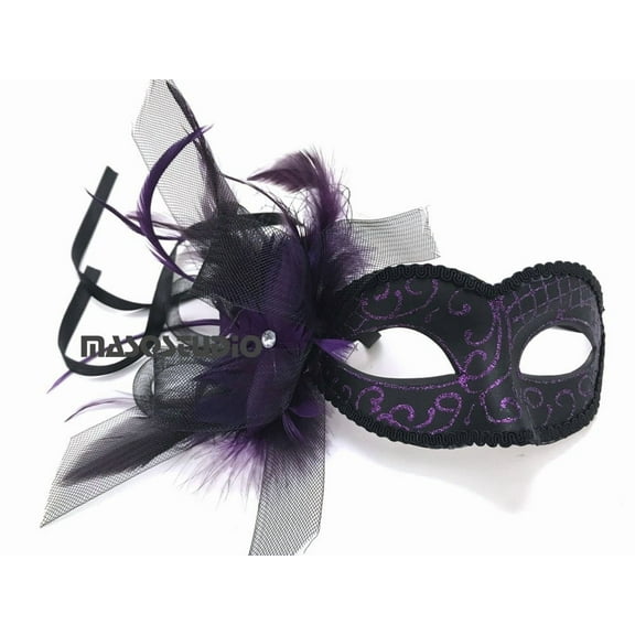 Black Purple Red Masquerade Ball Mask Flapper Veil Feather Mardi Gras Birthday Party Prom