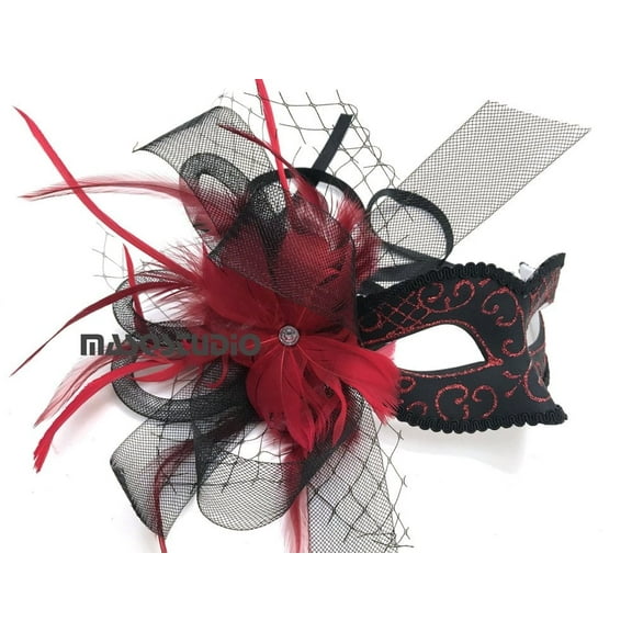 Black Purple Red Masquerade Ball Mask Flapper Veil Feather Mardi Gras Birthday Party Prom