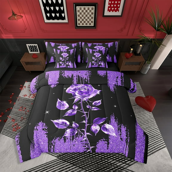Black Purple Shiny 7 Pcs Comforter Set Queen, Rose Bed in a Bag for Women,Galaxy Glitter Sparkle(Not Real)Bedding Set with Flat Fitted Sheet Pillowcase and Sham