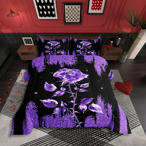 Black Purple Shiny Comforter Set Queen, Rose Bedding for Women,Galaxy Glitter Sparkle(Not Real)Bedding Comforter Sets,Rose Duvet Insert with 2 Pillowcases Bedroom Decor