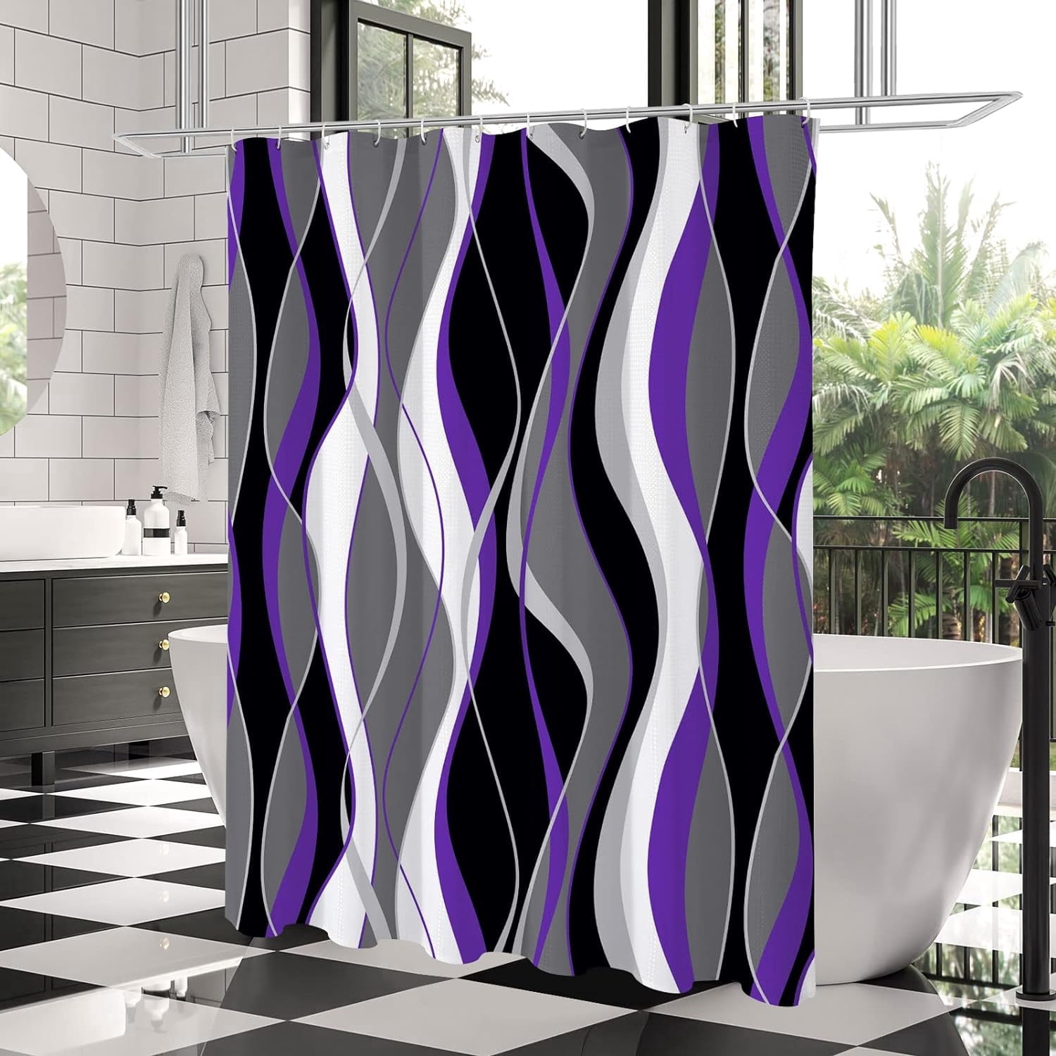 Black and Purple Shower Curtain, Abstract Modern Grey and Purple Bathroom Decor Accessories, Waffle Weave Textured Fabric Shower Curtain Set with Hooks, 72x72