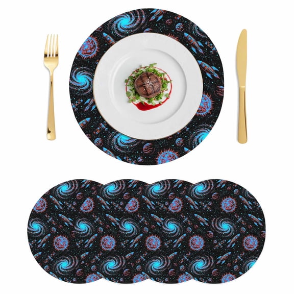 Black Purple Spaceship Round 15 Inch Placemats Set of 4, Modern Abstract Art Rocket HeatResistant Non Slip Place Mats for Dining Table, Wipeable Braided Kitchen Table Mats for Housewarming