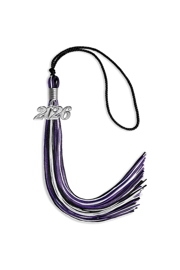 Black/Purple/White Mixed Color Graduation Tassel with Silver Date Drop