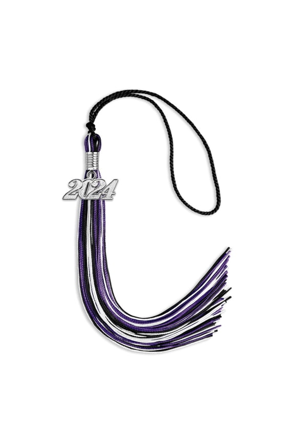 Black/Purple/White Mixed Color Graduation Tassel with Silver Date Drop