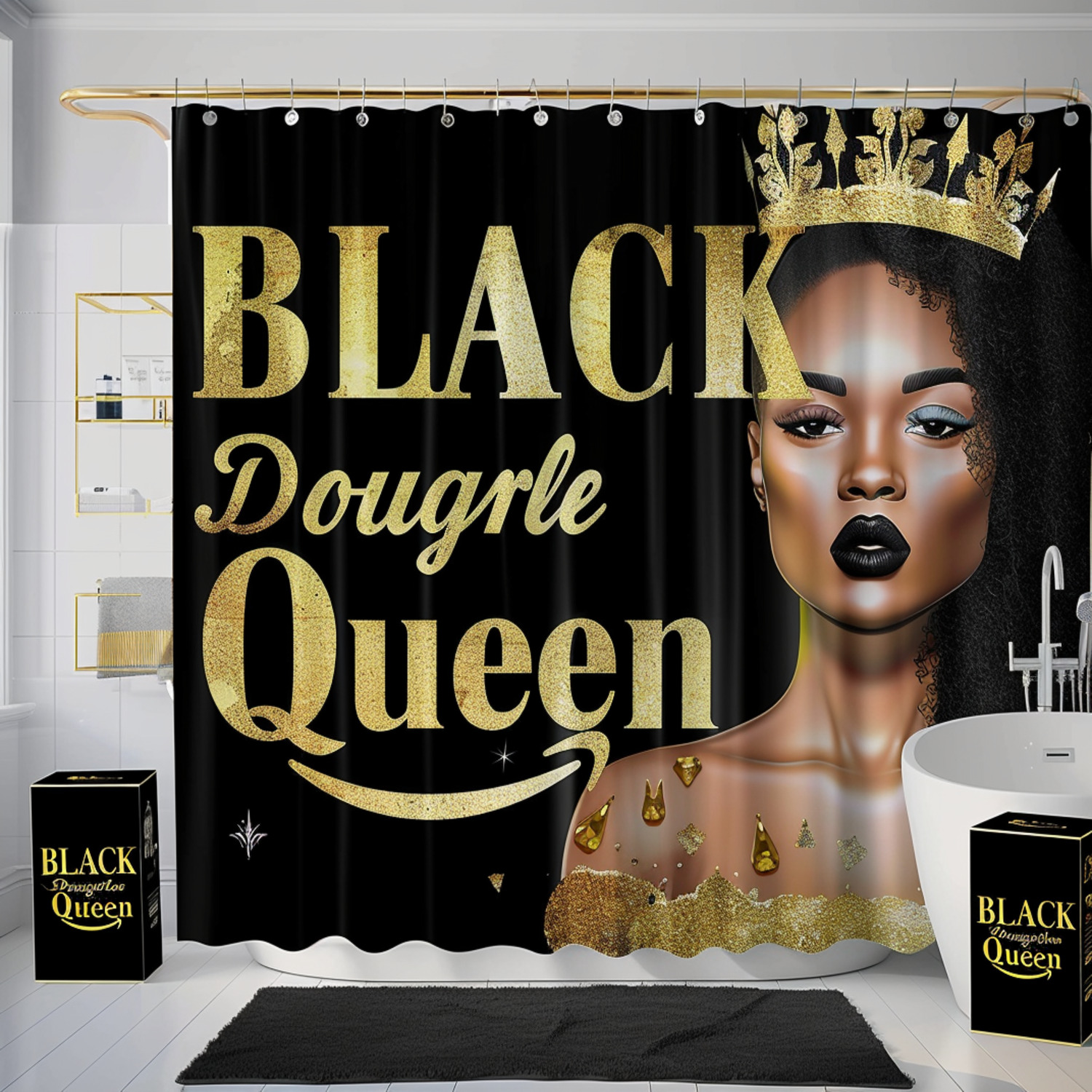 Black Queen African American Woman Shower Curtain Gold Crown Luxury