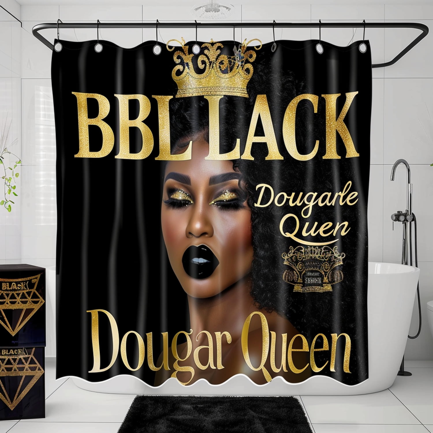 Black Queen African American Woman Shower Curtain Luxury Gold Crown